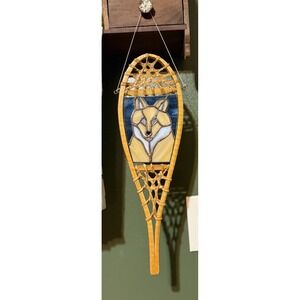 Handcrafted Stained Glass Fox‎ in Wooden Snowshoe Frame Rustic Cabin Art